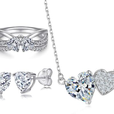 Gemlux 14K Gold Double Heart Necklace Ring Stud Earrings Set, Women's Three-Piece Jewelry Set, Luxury Heart-Shaped Moissanite Design