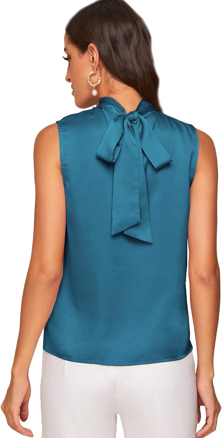 Verdusa Women's Elegant Tie Back Sleeveless Pleated Mock Neck Satin Blouse Top - Image 2