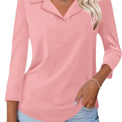 LUYAA Womens Polo Shirts 3/4 Length Sleeve Tops Collar V Neck Business Casual Blouses
