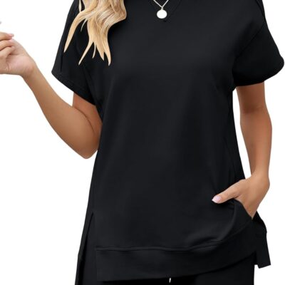 LOMON Womens Fashion 2 Piece Outfits Sweatsuits Short Sleeve Summer Loungewear Tracksuit Round Neck Lounge Shorts Sets