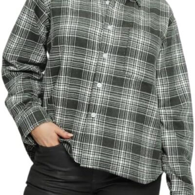 Button Down Shirts for Women - Long Sleeve Oversized Blouse with Classic Collar & Chest Pocket-Casual Button Top