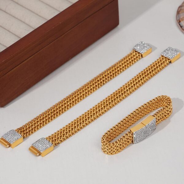 18K gold mesh bracelet set with moissanite diamonds, handcrafted to showcase female personality and charm - Image 4