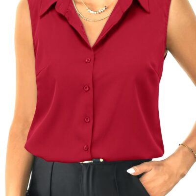 HOTOUCH Womens Sleeveless Button Down Shirt Tops V Neck Business Casual Collared Blouses Tank Top