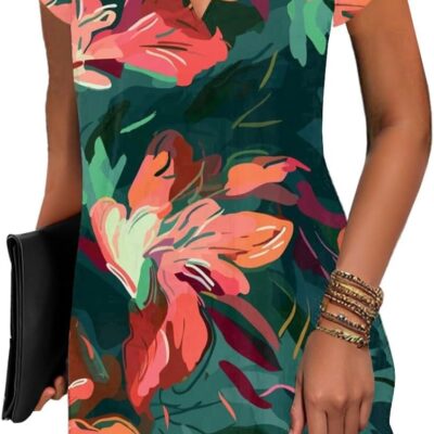 Summer Dresses for Women Petal Short Sleeve V-Neck Beach Dress Floral Print Dressy Casual Sun Dresses