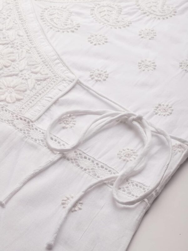 Ada Indian Hand Embroidered Chikankari Angrakha Cotton Tunic Top Kurti for Women A911210 White - Image 5