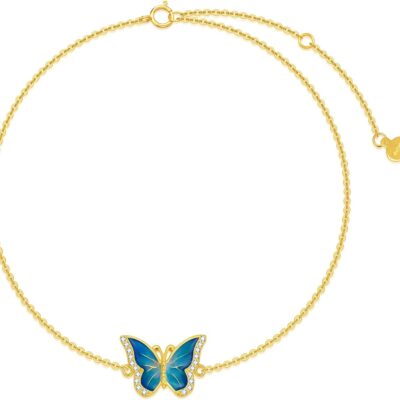 Real 14k Gold Blue Butterfly Anklet for Women, Solid 14 Karat Gold Animal Lover Ankle Bracelet Jewelry Gifts for Her, 9.4"+0.8"+0.8"