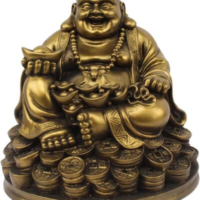 Petrichor Handmade Laughing Buddha Sitting on Lucky Money Coins Carrying Golden Ingot for Feng Shui Good Luck & Happiness (5 inch)