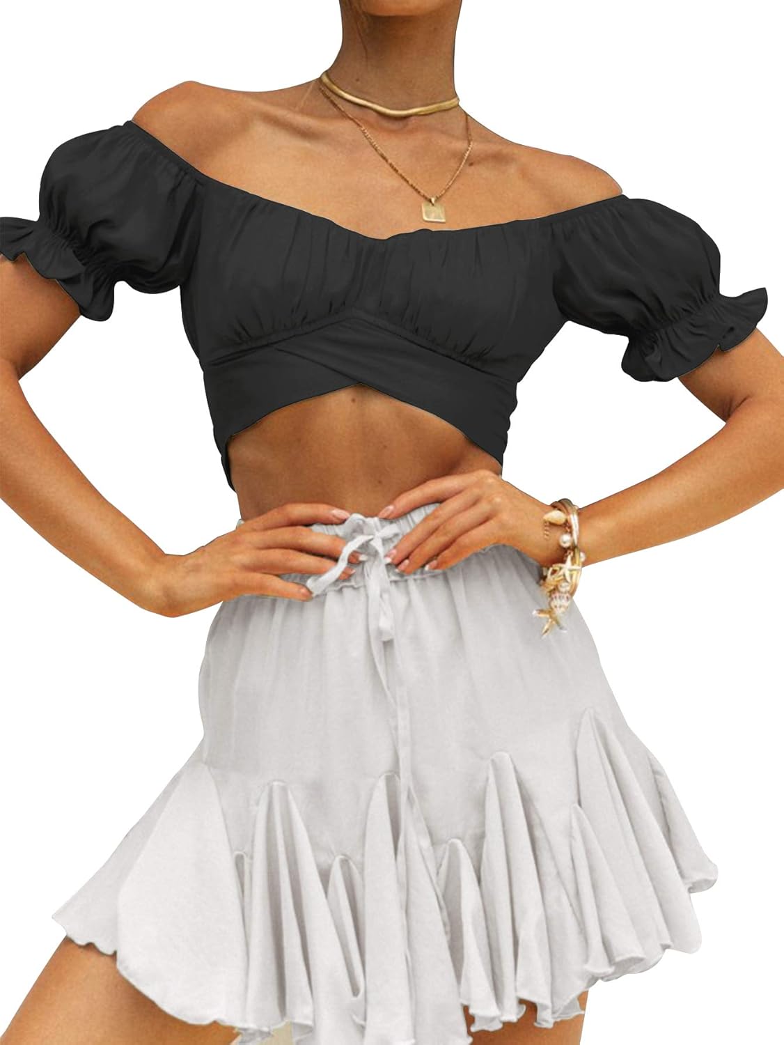 LYANER Women's Ruffle Short Sleeve Tie Up Back Crop Top Off Shoulder Bardot Blouse - Image 5