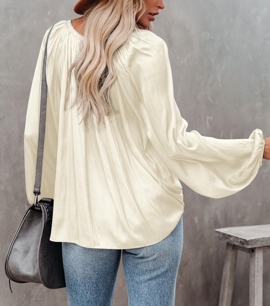 LAMISSCHE Womens Sexy Deep V Neck Blouse Lantern Long Sleeve Chiffon Shirt Oversized Drawstring Silk Satin Tunic - Image 5