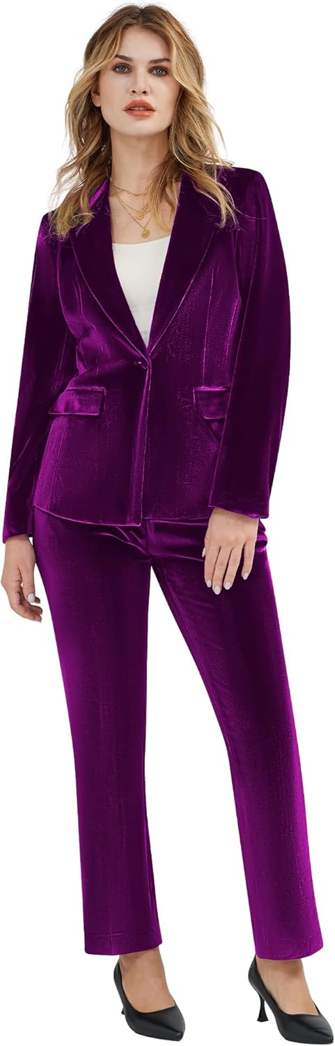 Women's 2 Piece Velvet Suit Notch Lapel One Button Slim Fit Business Party Wedding Tuxedo Blazer Pants Set - Image 4