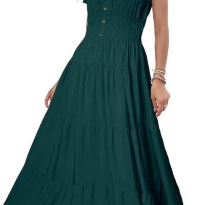 OSTOO Women's 2024 Summer Short Sleeves Boho Floral Print Tiered Casual Flowy Long Maxi Dress