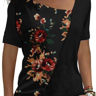 AYIFU Womens Summer Tops Short Sleeve Casual Shirts Asymmetric Neck Color Block Tunic