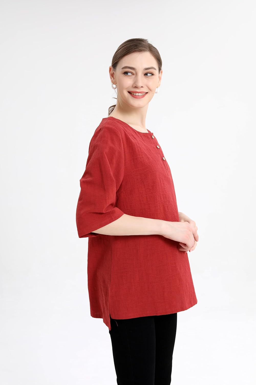 Minibee Women's 3/4 Sleeve Cotton Linen Jacquard Blouses Top T-Shirt - Image 3