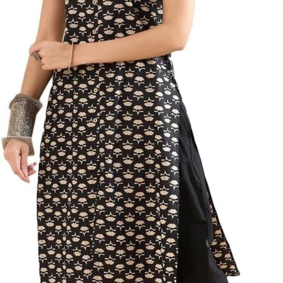 miss fame Women Sleeveless Printed Cotton Kurta with Palazzo - Brown
