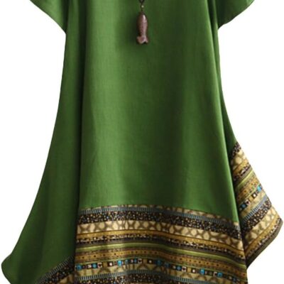Minibee Women's Ethnic Cotton Linen Short/Long Sleeves Irregular Dress