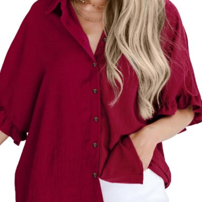 Astylish Women's Button Down Shirts Ruffle Short Sleeve V Neck Wrinkled Dressy Blouse Tops