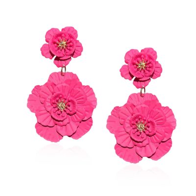 Just Follow Large Double Flower Earrings Candy Color Metal Flower Dangle Earrings Romantic Boho Sweet Flower Statement Earrings for Women Girl Wedding Party Jewelry (Hot Pink)