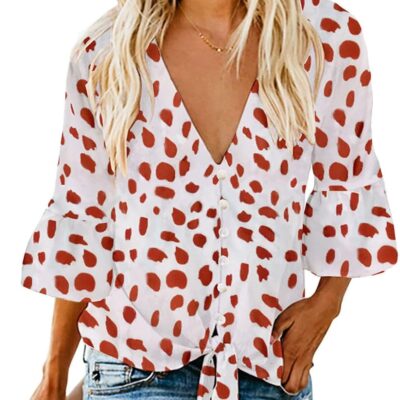 Kancystore Womens Button Down V Neck Tie Knot Front Tops 3/4 Sleeve Chiffon Casual Blouse Shirts