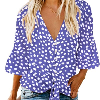 Kancystore Womens Button Down V Neck Tie Knot Front Tops 3/4 Sleeve Chiffon Casual Blouse Shirts