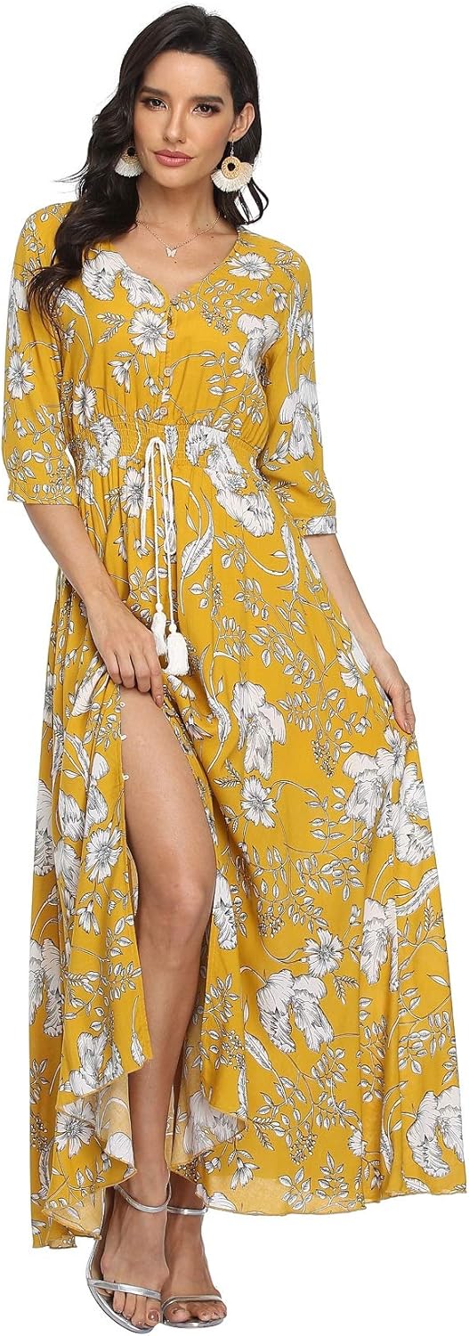 VintageClothing Women's Floral Maxi Dresses with Sleeves Flowy Boho Beach Dress - Image 3