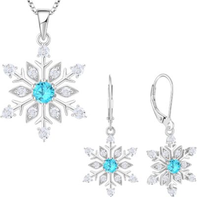 Snowflake Jewelry Set for Women 925 Sterling Silver Dangle Earrings Snowflake Pendant Necklace Winter Christmas Created Aquamarine Jewelry