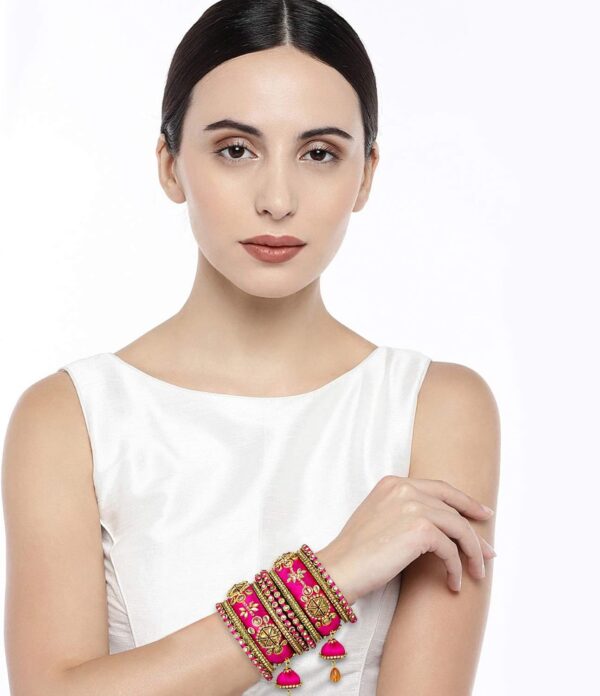 Aheli Royal Design Faux Stone Studded Silk Thread Bangle Chuda Set with Jhumki Tassel Hanging Indian Wedding Fashion Jewelry Gift for Women - Image 2
