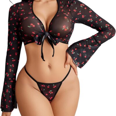 Avidlove Lingerie Sets for Women Sexy Going Out Sheer Top Long Sleeve Mesh Crop Tops See Through Bell Sleeves Top