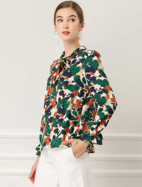 Allegra K Women's Long Sleeve Blouse Floral Tie Neck Chiffon Ruffle Trumpet Top - Image 4