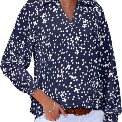 Astylish Women 2025 Casual Polka Dot Blouses Smocked Long Sleeve V Neck Collared Shirts Chiffon Bohemian Tops
