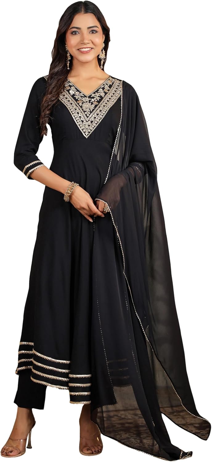 Janasya Indian Women's Anarkali Rayon Kurta Kurti Top Tunic Festive Wedding Party wear Kurta Set with Dupatta for Women