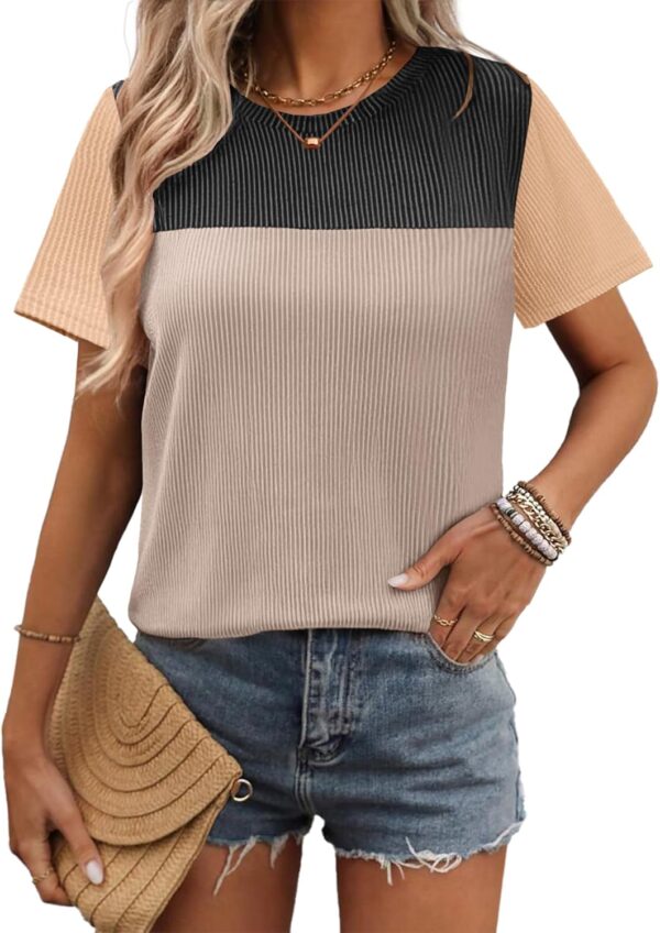 Zeagoo Womens Casual Shirts Color Block Tops Short Sleeve T Shirts Crewneck Knitted Summer Loose Blouses Tops - Image 3
