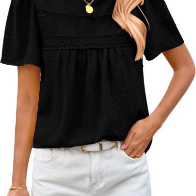 BTFBM Women's 2025 Summer Tops Swiss Dot Lace Crochet Crewneck Short Sleeves Casual Cute Shirts Boho Blouses