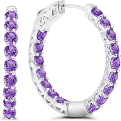 Gemstone Inside Out Hoop Earrings for Women in 925 Sterling Silver 1 Inch Diameter and 3mm Birthstone with Notched Post with Lock by MAX + STONE
