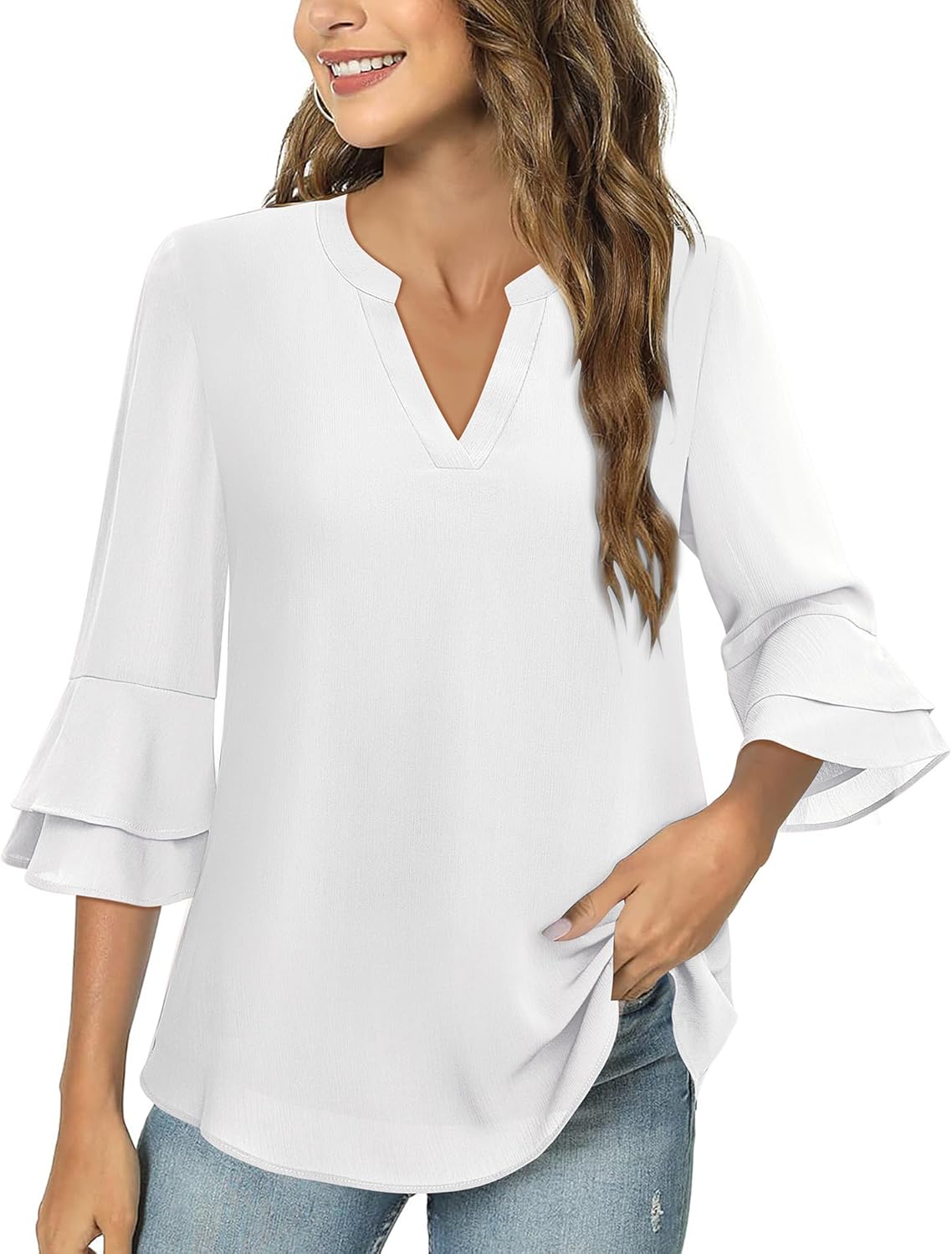 Lotusmile Womens Tops Dressy Casual 3/4 Tiered Bell Sleeve Blouses Double Layered Chiffon Work Tunic Shirts - Image 2