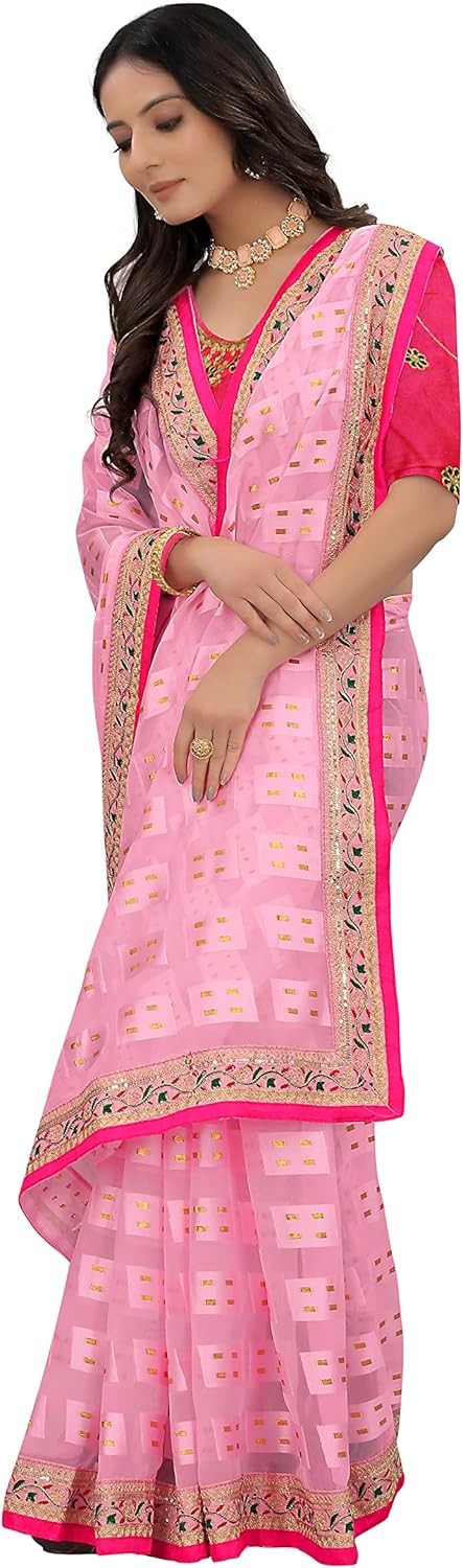Womens Embroidery Sequence Work Fancy Saree With Stitched blouse - Image 4