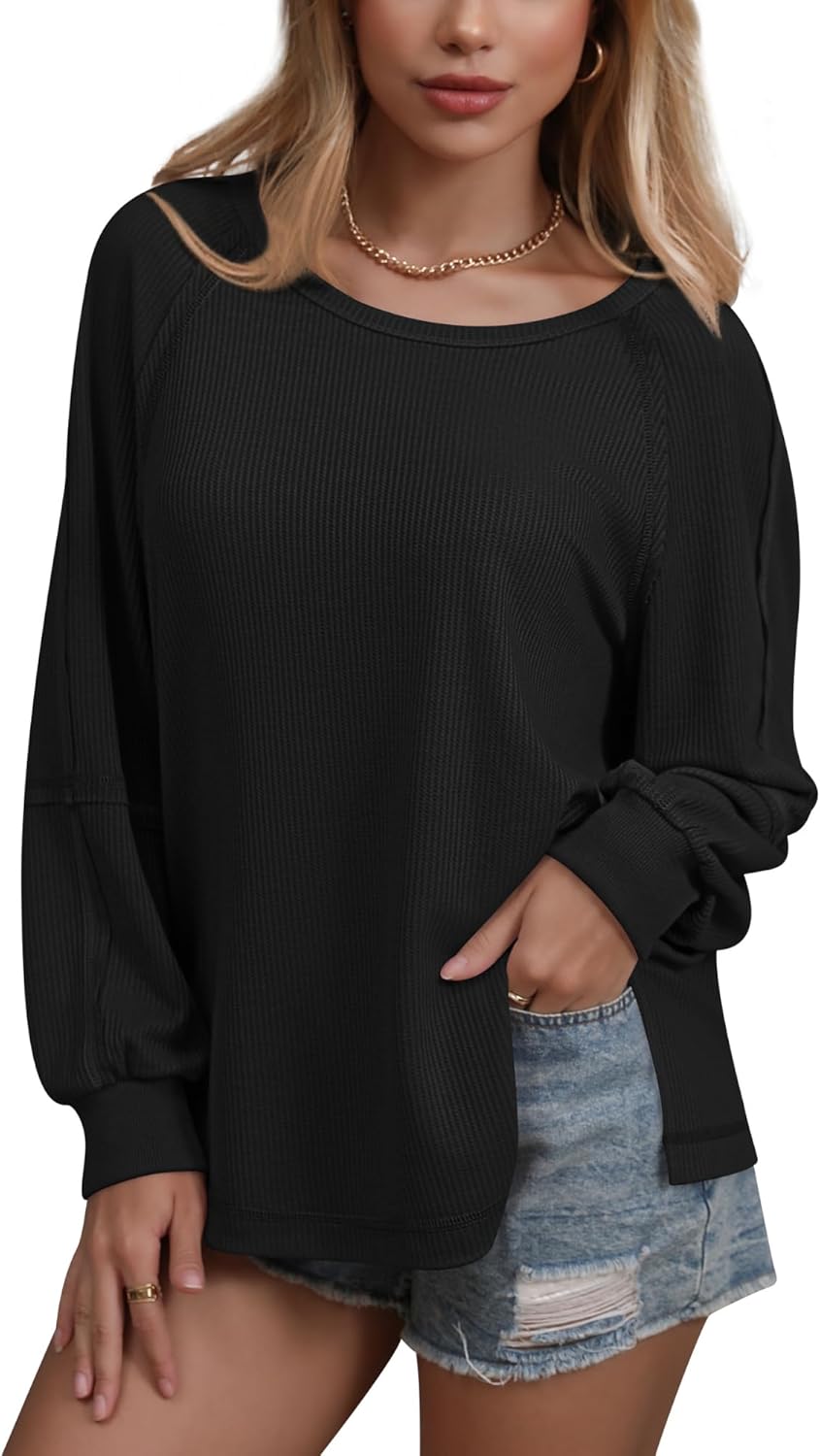 Womens Waffle Tunic Tops Puff Long Sleeve Shirt Loose Fit Casual Pullover Sweatshirt - Image 2