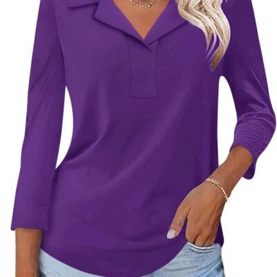 LUYAA Womens Polo Shirts 3/4 Length Sleeve Tops Collar V Neck Business Casual Blouses