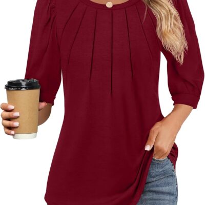 Ficerd Womens Puff 3/4 Sleeve Tunic Tops Crew Neck Floral Pleated Blouses Dressy Casual Loose Fit Shirts