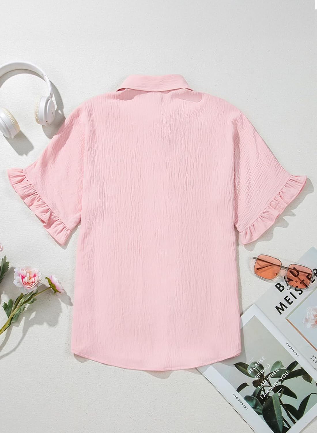 Astylish Women's Button Down Shirts Ruffle Short Sleeve V Neck Wrinkled Dressy Blouse Tops - Image 6