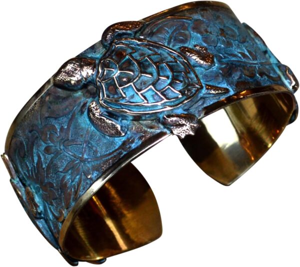 Verdigris Patina Solid Brass Classic Sea Turtle Cuff Bracelet by Elaine Coyne Made In USA