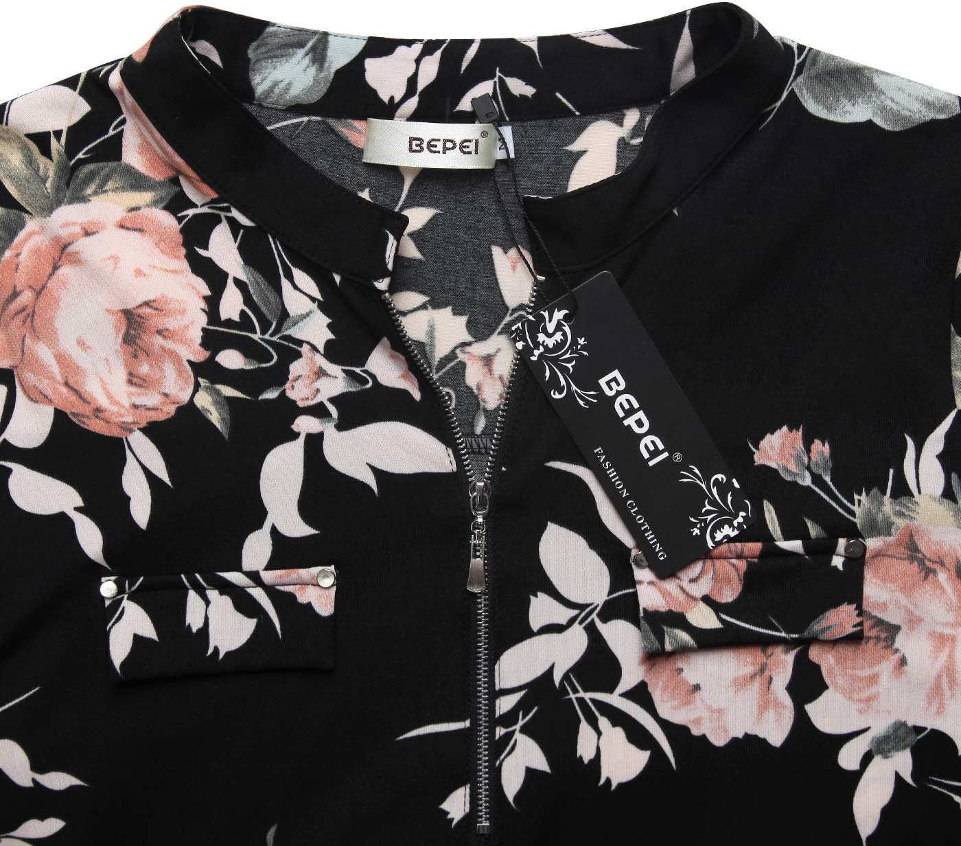 BEPEI Womens Floral 3/4 Sleeve Shirts Zip up V Neck Work Chiffon Blouses Top - Image 4