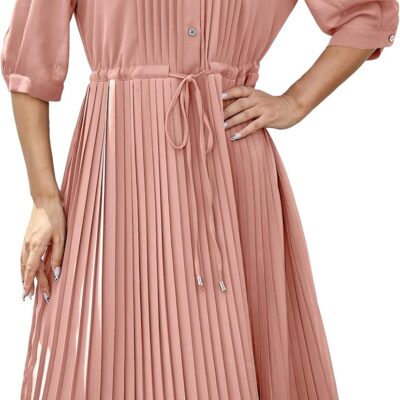 Women's Autumn Collar V Neck Long Sleeve Extra Long A-Line Dress 2024 Elegant Pleated Skirt Fashion Dress