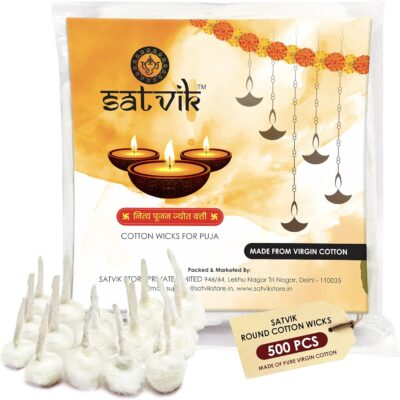 SATVIK 500 Pcs Handmade Round Cotton Wicks for Puja Pooja Jyot Batti for Oil Lamp Diya for Diwali Deepawali Diya. Ideal for Brass, Kuber Clay Diya for Home Mandir Temple