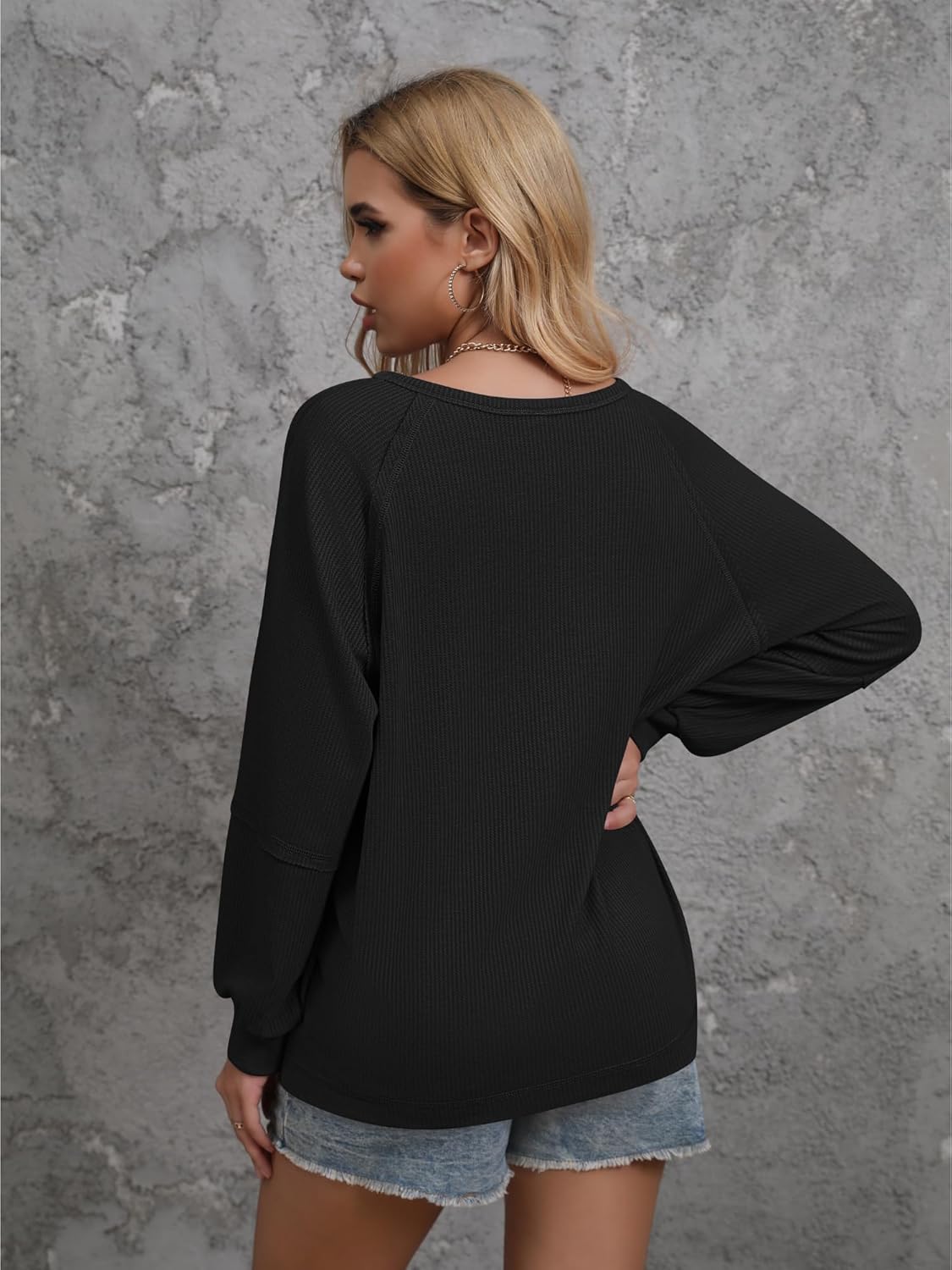 Womens Waffle Tunic Tops Puff Long Sleeve Shirt Loose Fit Casual Pullover Sweatshirt - Image 7