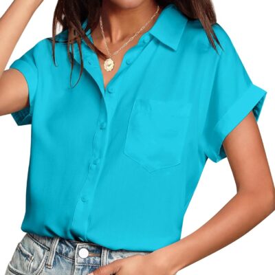 HOTOUCH Women Waterproof Button Down Shirt Solid Work Business Blouse Stain-Resistant Short Sleeve Tops