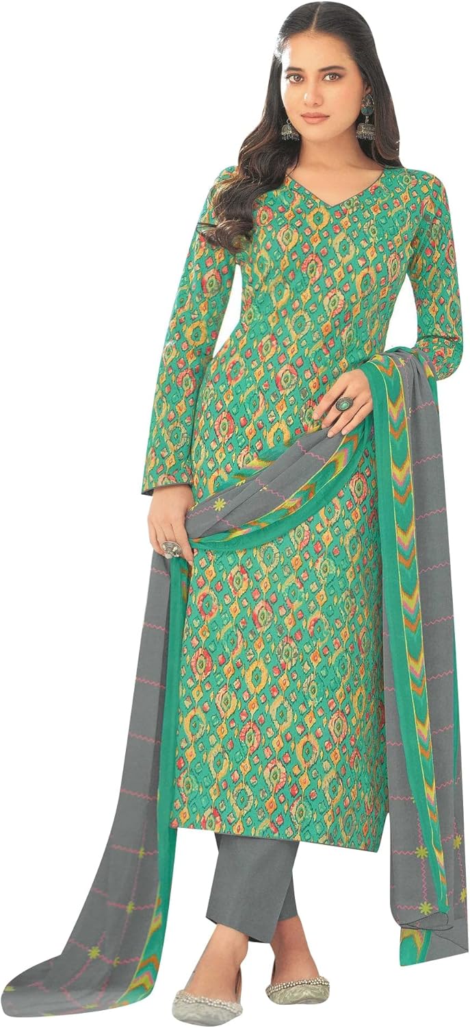 ladyline Women's Casual Cotton Printed Salwar Kameez with Chiffon Dupatta and Pants
