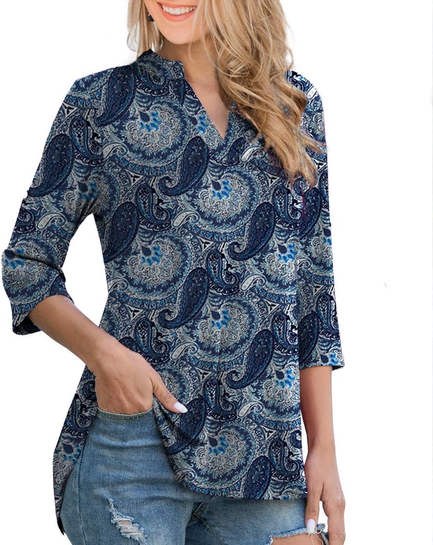 Othyroce Womens Floral Printed Tunic Tops 3/4 Roll Sleeve V Neck Blouses Long Sleeve Shirts for Women - Image 2