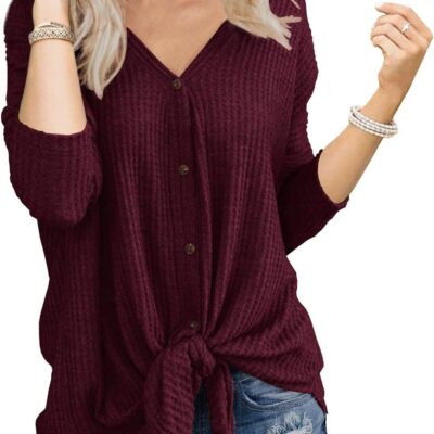 IWOLLENCE Women's Waffle Knit Tunic Blouse Tie Knot Henley Tops Loose Fitting Bat Wing Plain Shirts