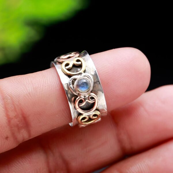 925 Solid Silver Designer Spinner Ring | Natural Labradorite Three Tone Silver Band Handmade Fidget Spinner Anxiety Thumb Ring Handcrafted Boho Style Jewelry - Image 2