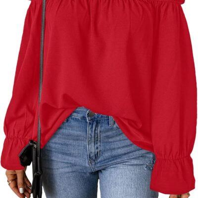 Women's Off Shoulder Top Ruffle Long Sleeve Chiffon Blouse Casual Loose Shirts